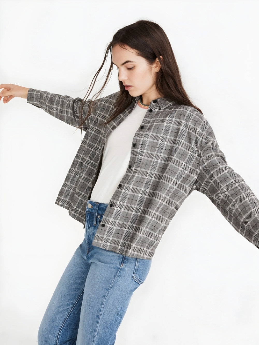 Madewell Plaid Gray Black Loose Button Up Top, XL - Picture 12 of 12